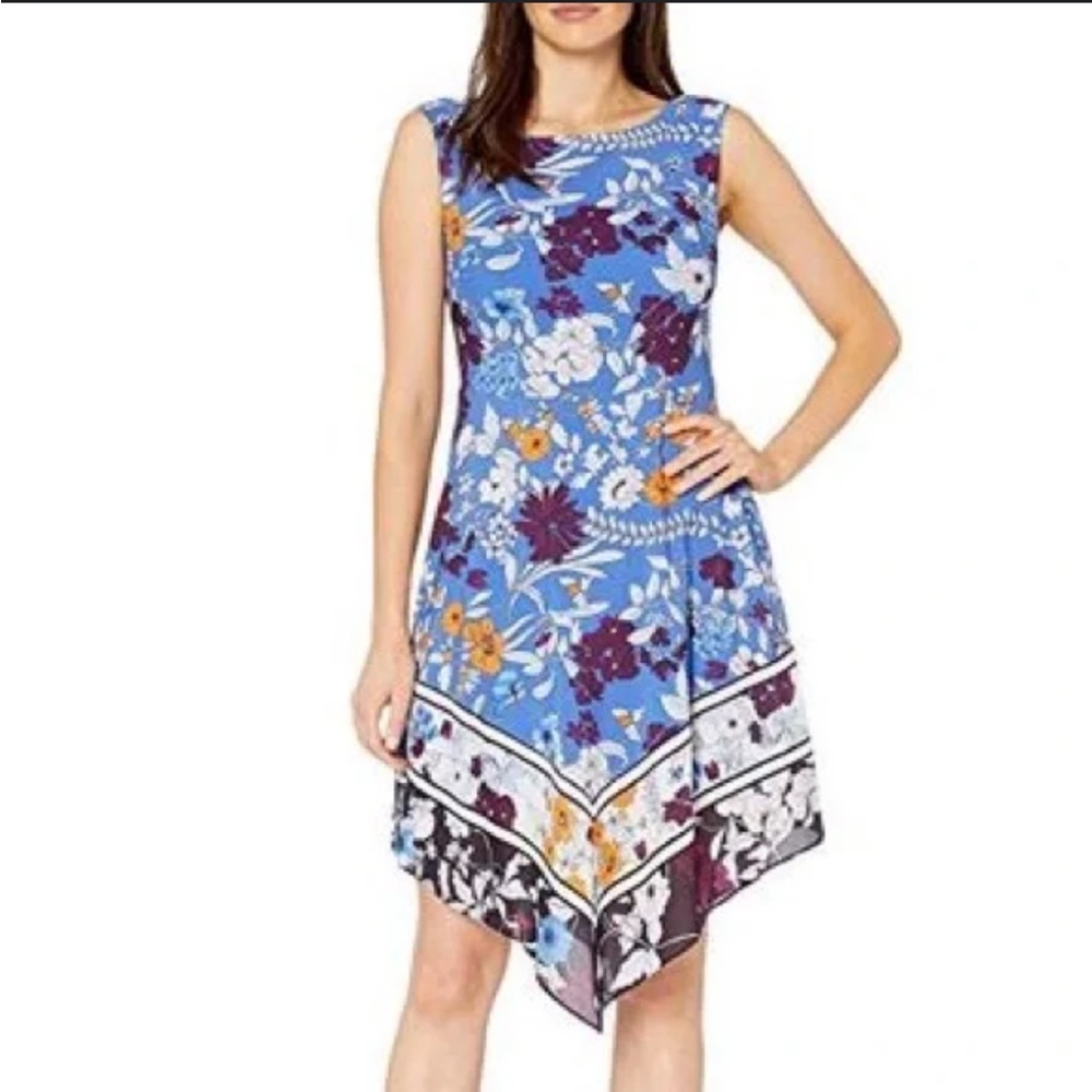 Adrianna Papell Blue Floral Handkerchief-Hem Dress Size 18 - Picture 2 of 11